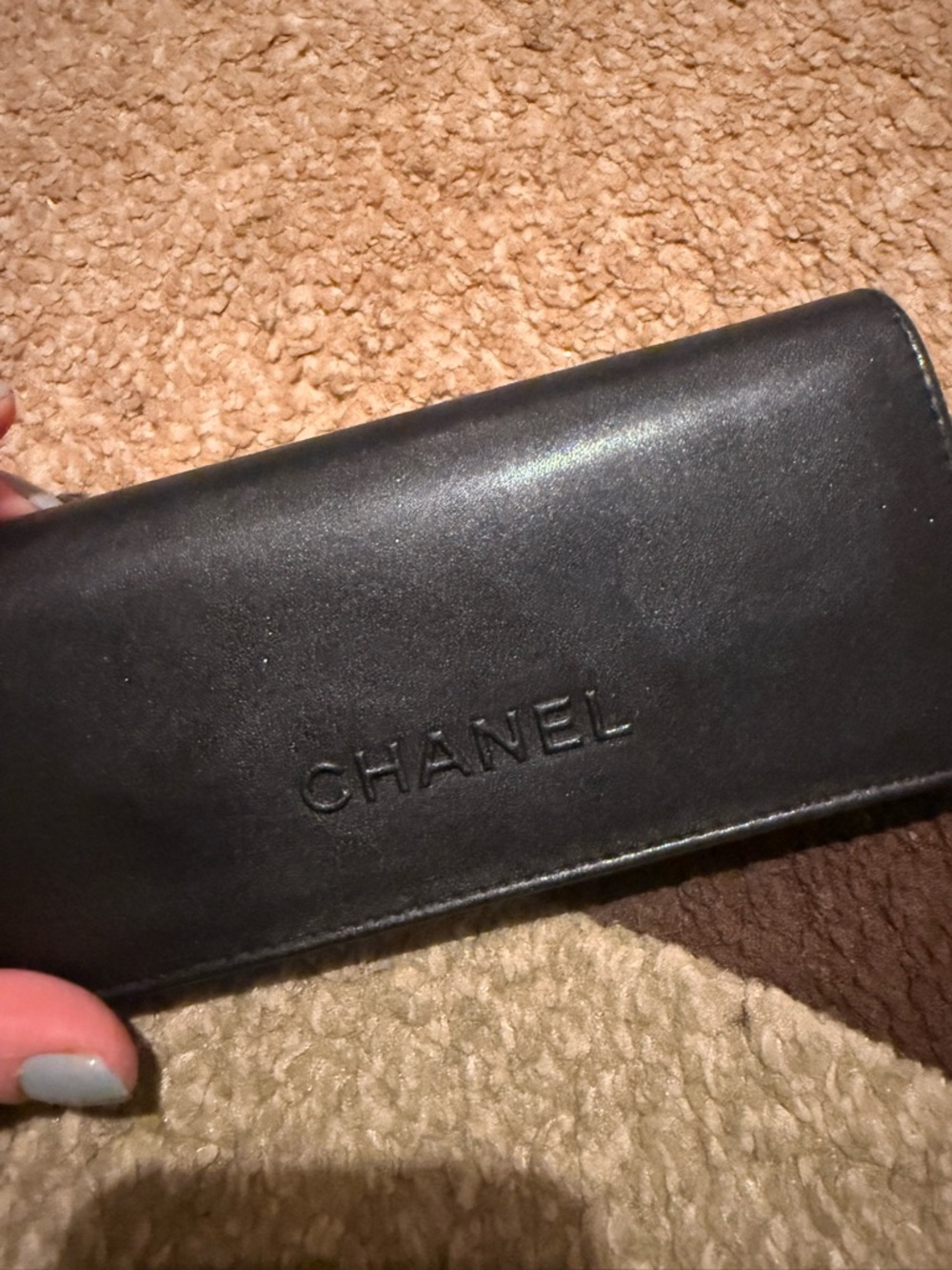 CHANEL Black Leather Case for glasses with Embossed Logo